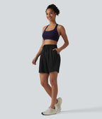 High Waisted Elastic Waistband Drawstring Pleated Yoga Shorts 7'' with Pockets — Black — view 6