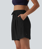 High Waisted Elastic Waistband Drawstring Pleated Yoga Shorts 7'' with Pockets — Black — view 1