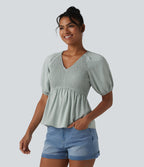 V Neck Puff Short Sleeve Shirred Casual Blouse — Sky Gray — view 3