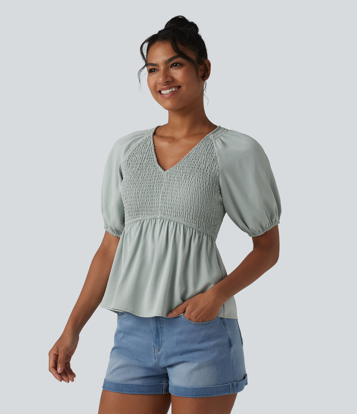 V Neck Puff Short Sleeve Shirred Casual Blouse — Sky Gray — view 3