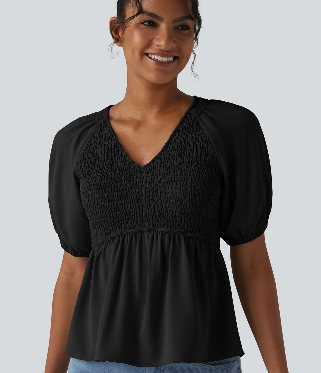 V Neck Puff Short Sleeve Shirred Casual Blouse — Black — view 6