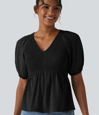 V Neck Puff Short Sleeve Shirred Casual Blouse — Black — view 6