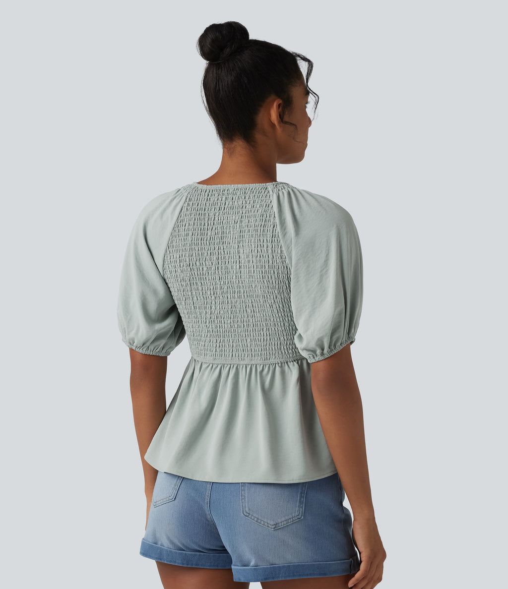 V Neck Puff Short Sleeve Shirred Casual Blouse — Sky Gray — view 2
