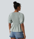 V Neck Puff Short Sleeve Shirred Casual Blouse — Sky Gray — view 2