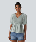 V Neck Puff Short Sleeve Shirred Casual Blouse — Sky Gray — view 4