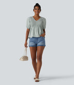 V Neck Puff Short Sleeve Shirred Casual Blouse — Sky Gray — view 5