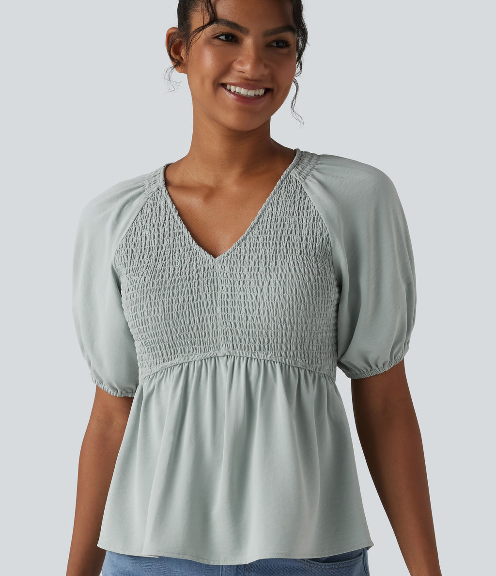 V Neck Puff Short Sleeve Shirred Casual Blouse — Sky Gray — view 1