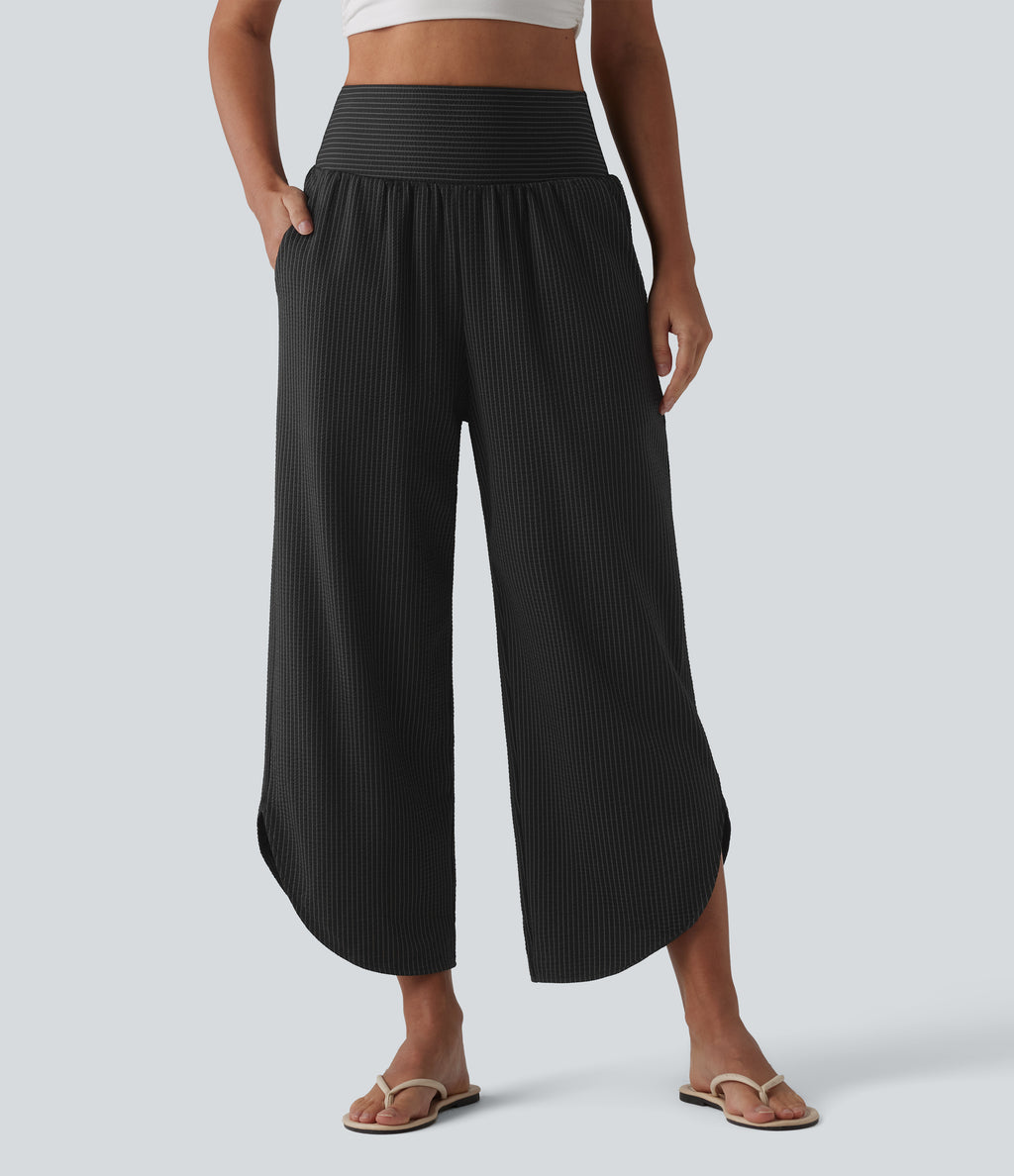 High Waisted Tummy Control Stripe Quick Dry Casual Trousers with Pockets-UPF40+ — Ink Stripe Ribbed — view 3