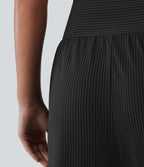 High Waisted Tummy Control Stripe Quick Dry Casual Trousers with Pockets-UPF40+ — Ink Stripe Ribbed — view 5