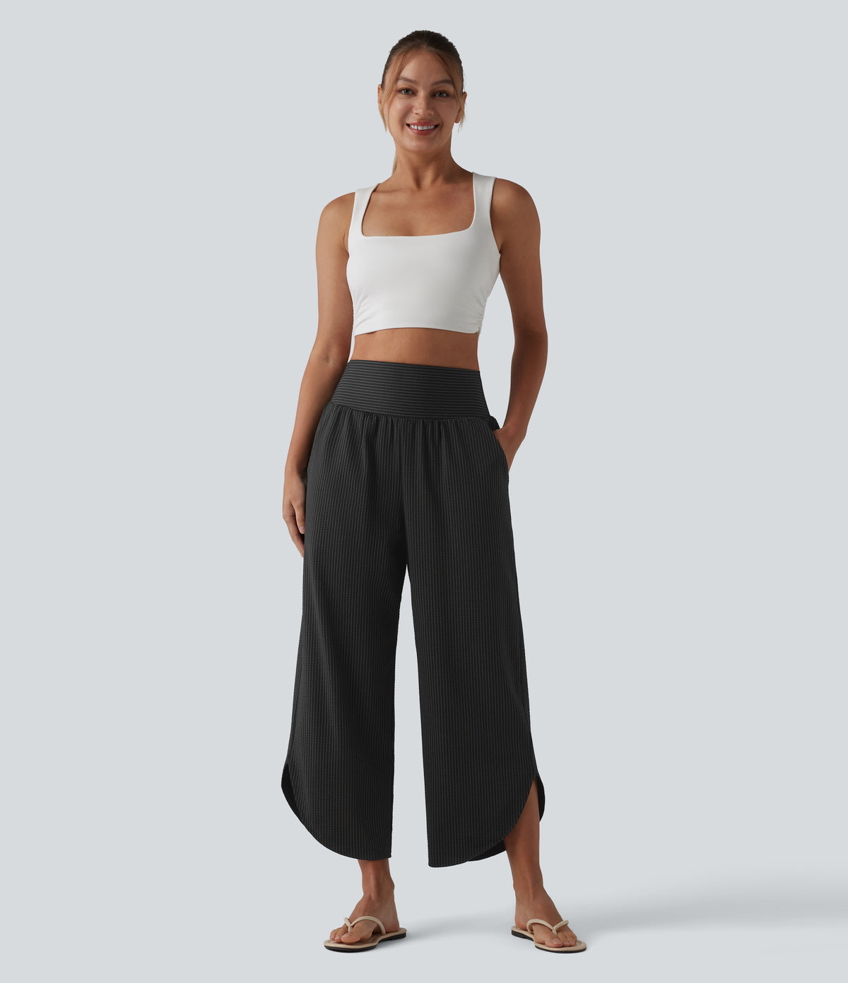 High Waisted Tummy Control Stripe Quick Dry Casual Trousers with Pockets-UPF40+ — Ink Stripe Ribbed — view 7