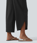 High Waisted Tummy Control Stripe Quick Dry Casual Trousers with Pockets-UPF40+ — Ink Stripe Ribbed — view 6