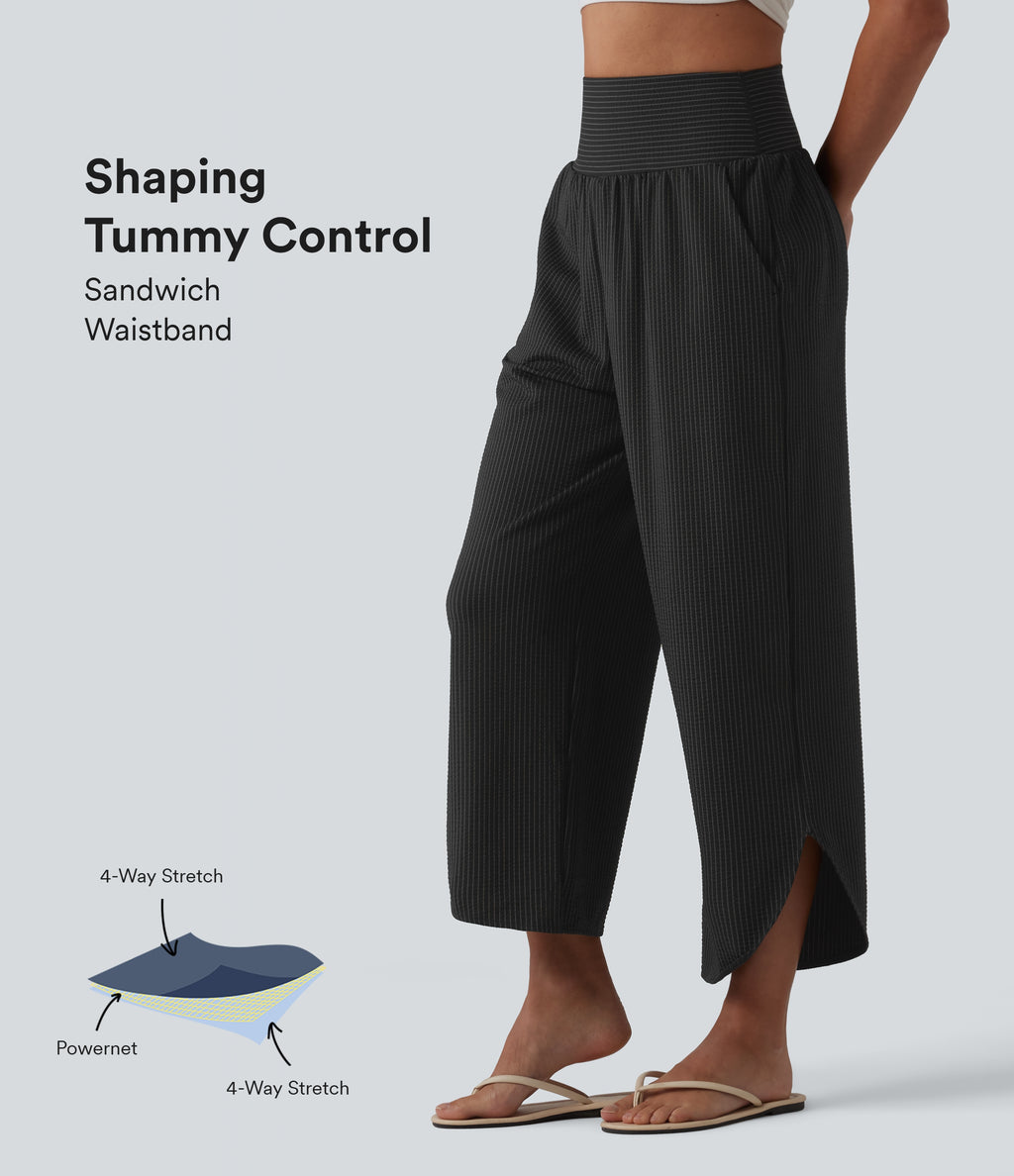 High Waisted Tummy Control Stripe Quick Dry Casual Trousers with Pockets-UPF40+ — Ink Stripe Ribbed — view 1