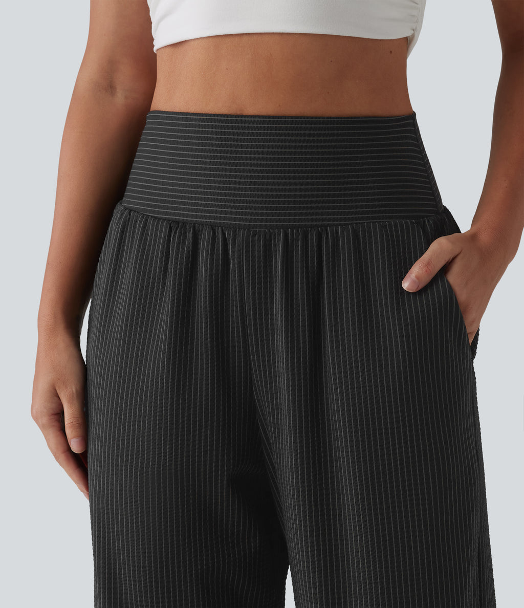 High Waisted Tummy Control Stripe Quick Dry Casual Trousers with Pockets-UPF40+ — Ink Stripe Ribbed — view 4