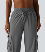 High Waisted Drawstring Wide Leg Quick Dry InstantCool Workout Cargo Trousers with Pockets-UPF40+ — Steel Gray — view 4