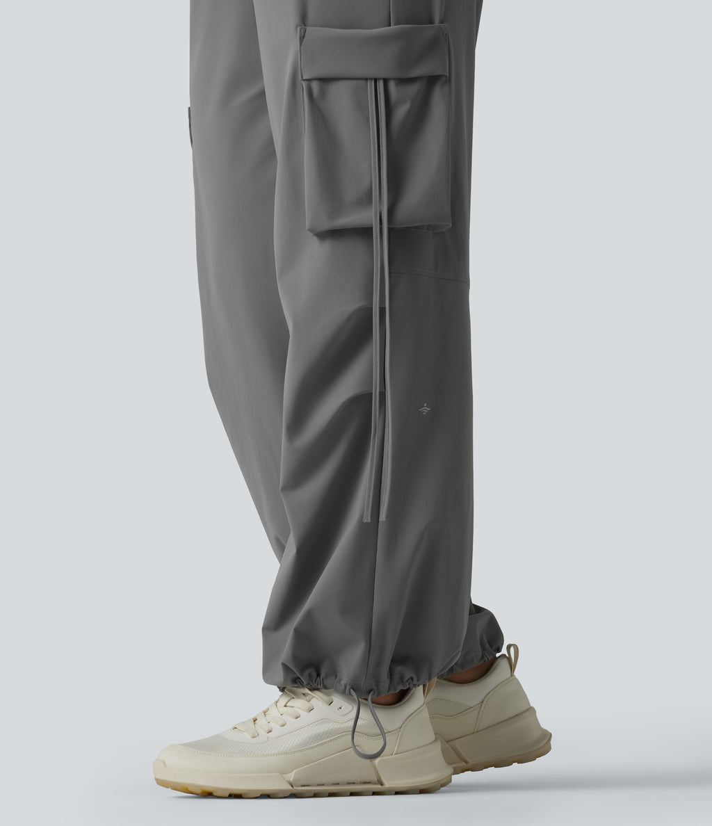 High Waisted Drawstring Wide Leg Quick Dry InstantCool Workout Cargo Trousers with Pockets-UPF40+ — Steel Gray — view 6