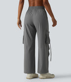 High Waisted Drawstring Wide Leg Quick Dry InstantCool Workout Cargo Trousers with Pockets-UPF40+ — Steel Gray — view 2