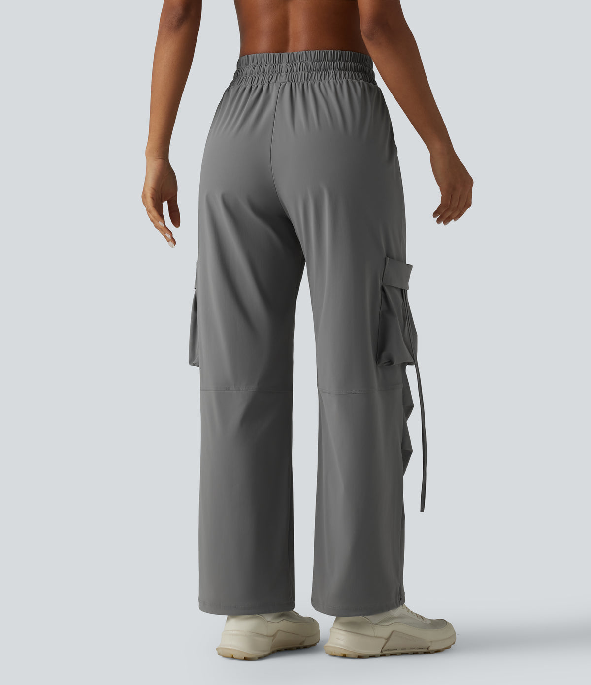 High Waisted Drawstring Wide Leg Quick Dry InstantCool Workout Cargo Trousers with Pockets-UPF40+ — Steel Gray — view 2