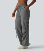 High Waisted Drawstring Wide Leg Quick Dry InstantCool Workout Cargo Trousers with Pockets-UPF40+ — Steel Gray — view 1