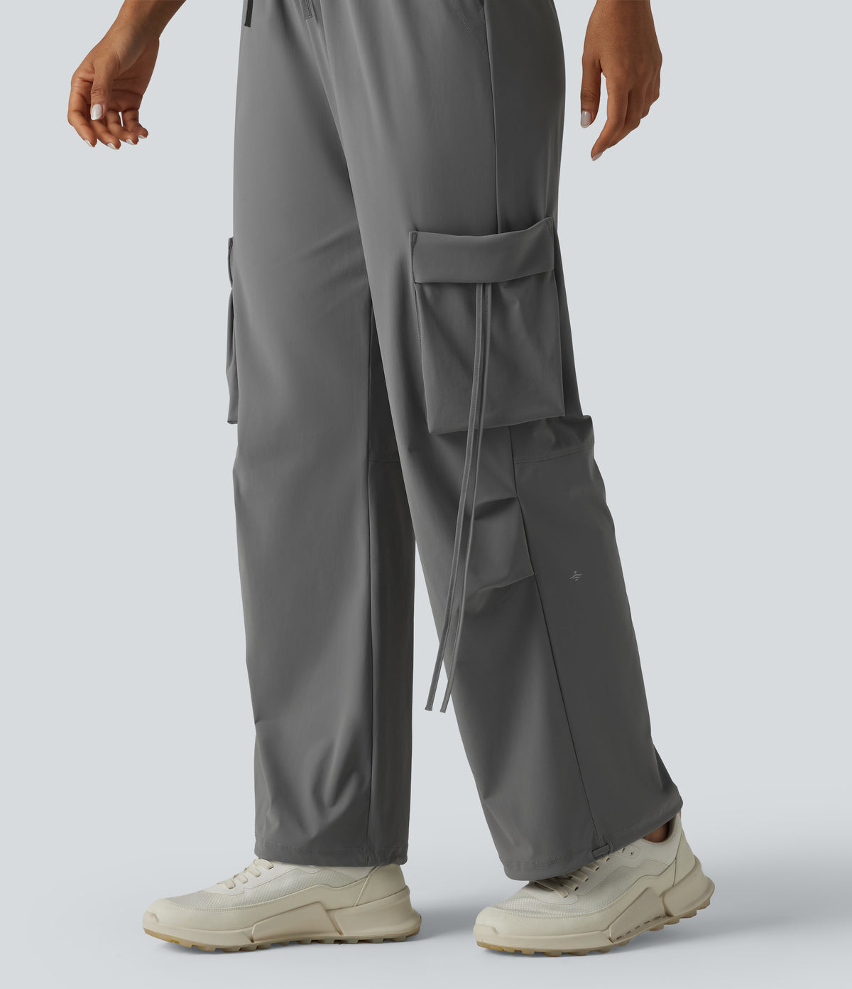 High Waisted Drawstring Wide Leg Quick Dry InstantCool Workout Cargo Trousers with Pockets-UPF40+ — Steel Gray — view 5