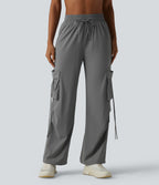 High Waisted Drawstring Wide Leg Quick Dry InstantCool Workout Cargo Trousers with Pockets-UPF40+ — Steel Gray — view 3