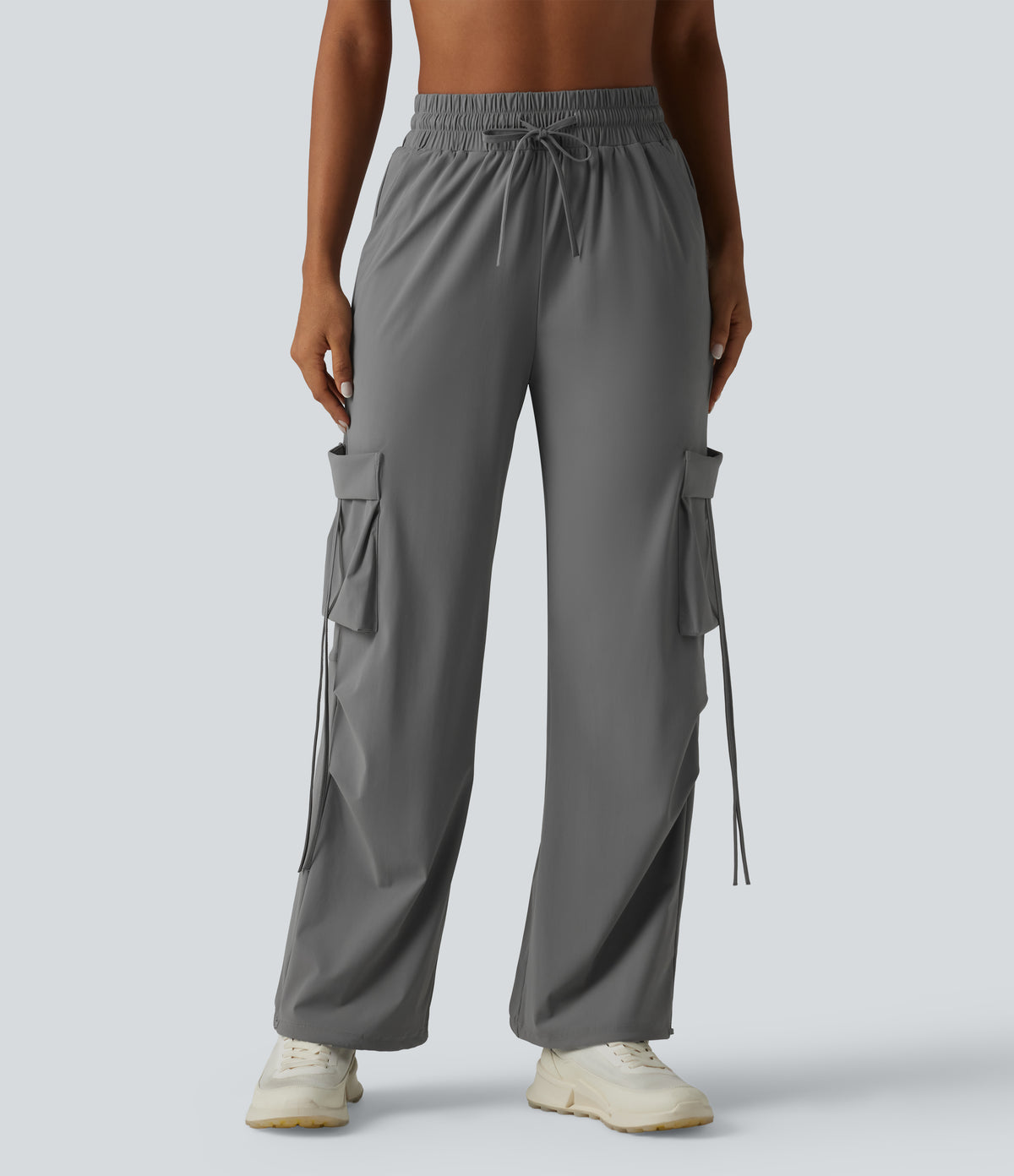 High Waisted Drawstring Wide Leg Quick Dry InstantCool Workout Cargo Trousers with Pockets-UPF40+ — Steel Gray — view 3