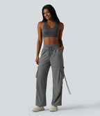 High Waisted Drawstring Wide Leg Quick Dry InstantCool Workout Cargo Trousers with Pockets-UPF40+ — Steel Gray — view 7