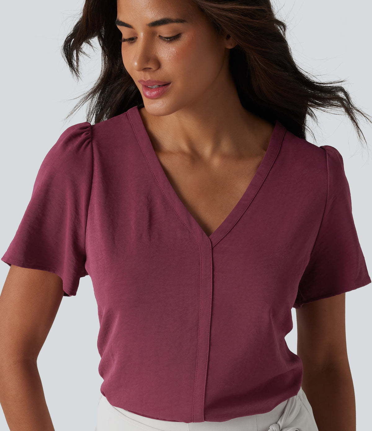 V Neck Short Sleeve Work Top — Maroon — view 1