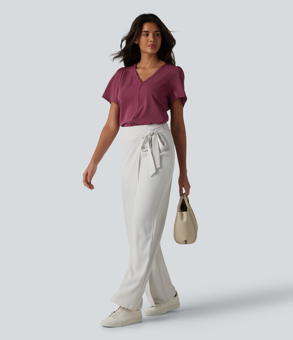 V Neck Short Sleeve Work Top — Maroon — view 6