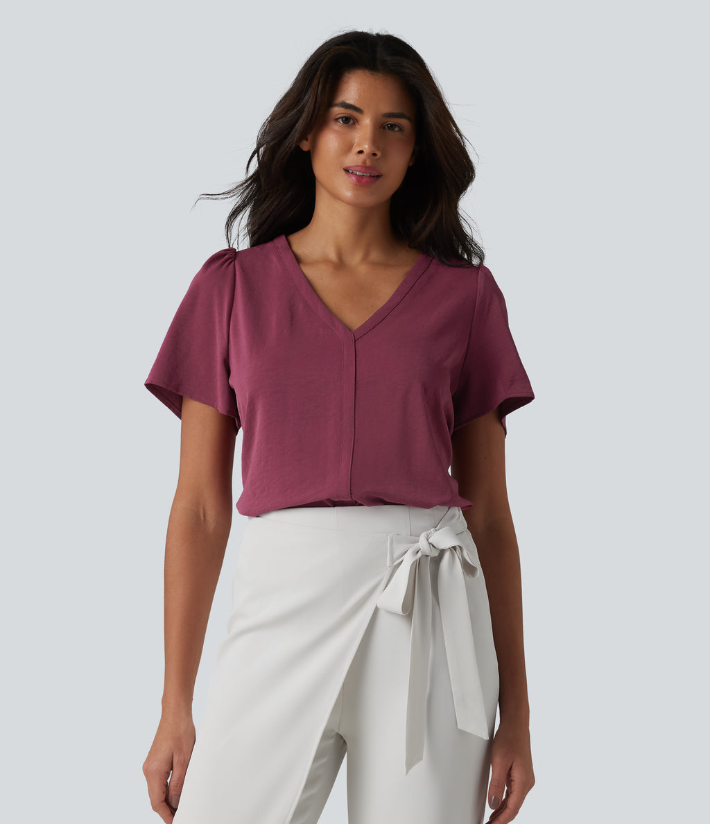V Neck Short Sleeve Work Top — Maroon — view 3