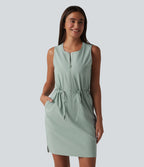 Round Neck Sleeveless Half Zip Drawstring Mini Hiking Active Dress with Pockets — Jadeite — view 1