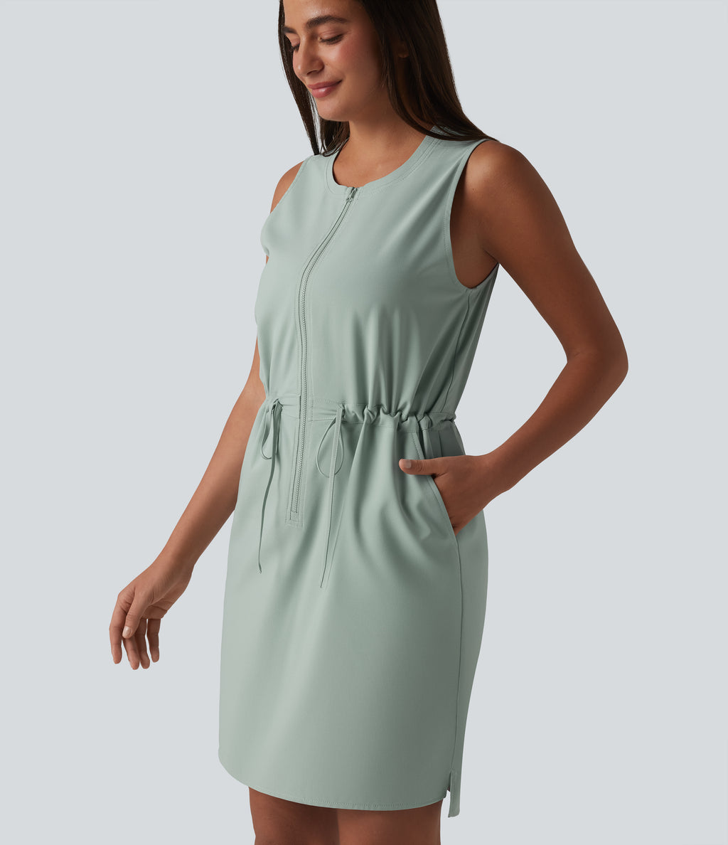 Round Neck Sleeveless Half Zip Drawstring Mini Hiking Active Dress with Pockets — Jadeite — view 5