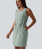 Round Neck Sleeveless Half Zip Drawstring Mini Hiking Active Dress with Pockets — Jadeite — view 5