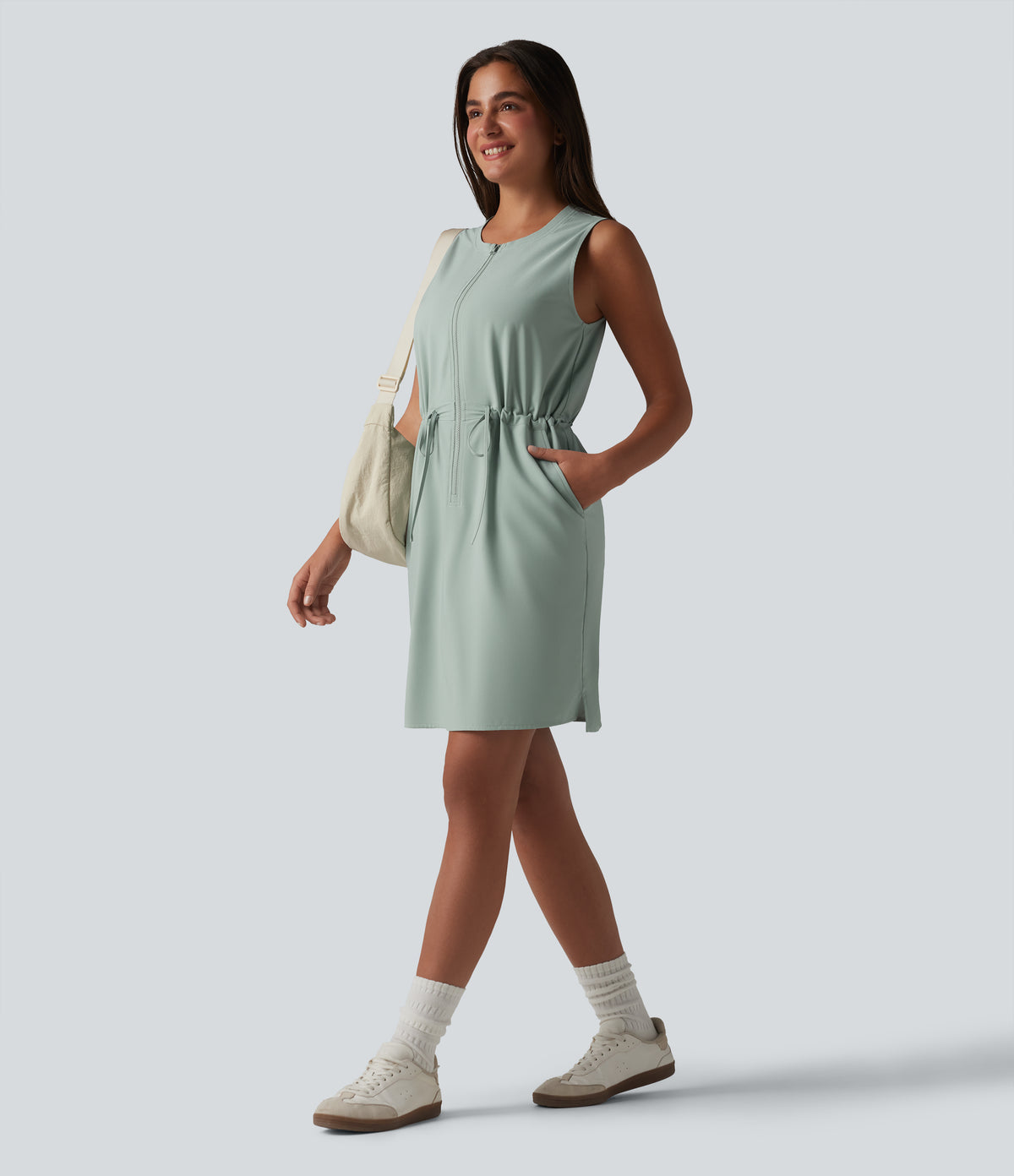 Round Neck Sleeveless Half Zip Drawstring Mini Hiking Active Dress with Pockets — Jadeite — view 7