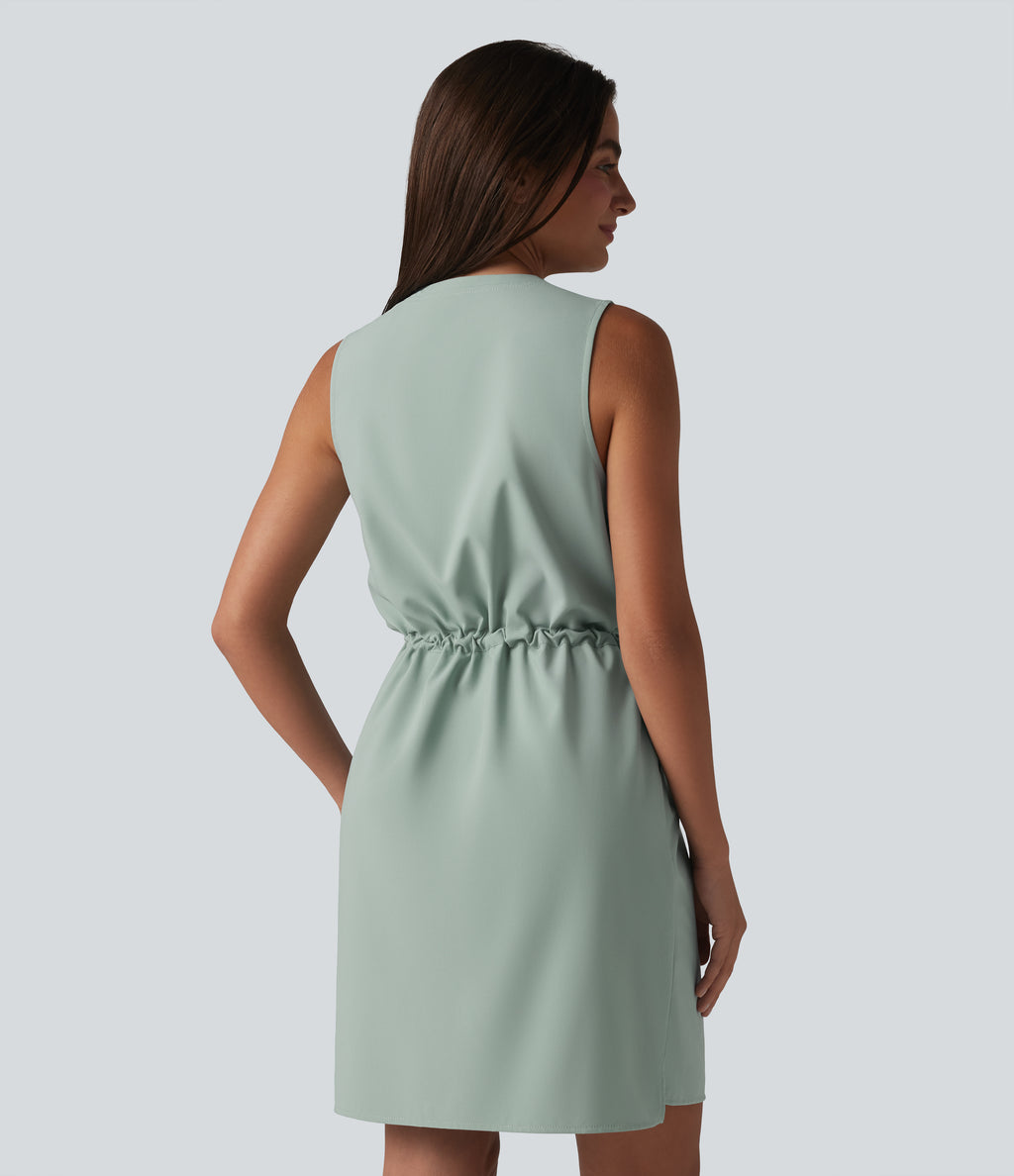 Round Neck Sleeveless Half Zip Drawstring Mini Hiking Active Dress with Pockets — Jadeite — view 2