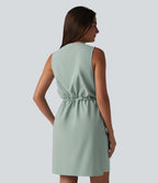 Round Neck Sleeveless Half Zip Drawstring Mini Hiking Active Dress with Pockets — Jadeite — view 2