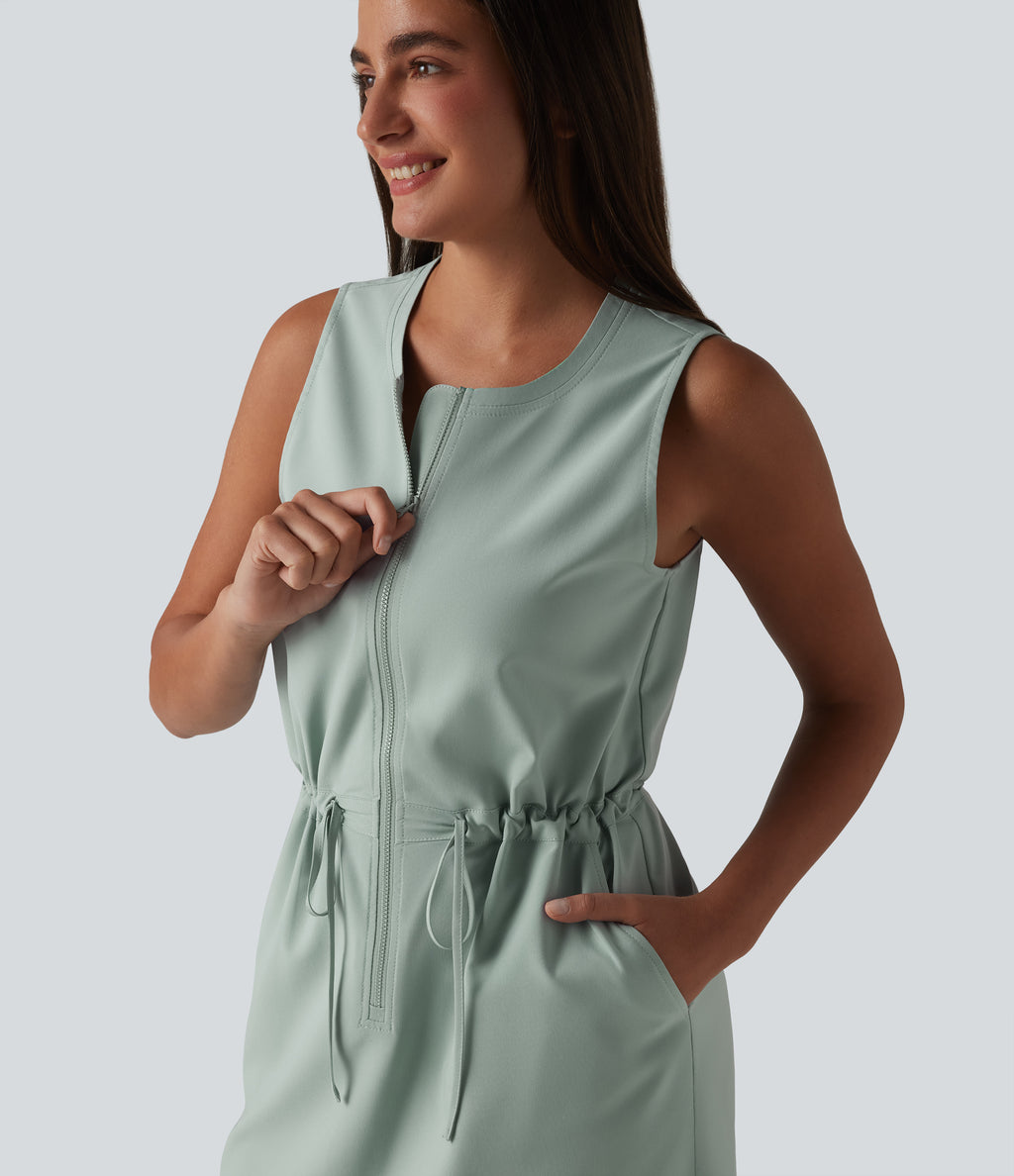 Round Neck Sleeveless Half Zip Drawstring Mini Hiking Active Dress with Pockets — Jadeite — view 4