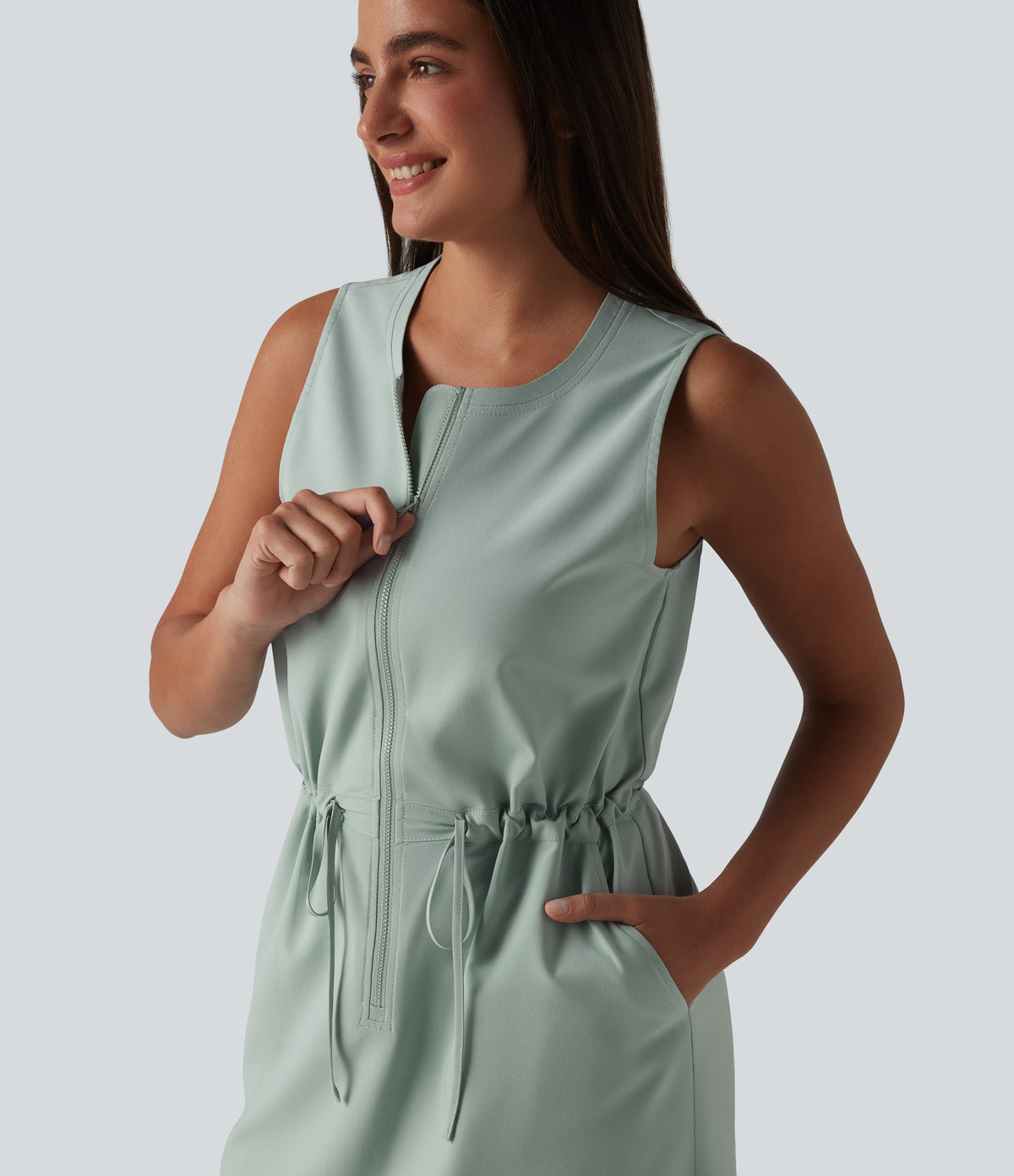 Round Neck Sleeveless Half Zip Drawstring Mini Hiking Active Dress with Pockets — Jadeite — view 4