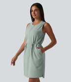 Round Neck Sleeveless Half Zip Drawstring Mini Hiking Active Dress with Pockets — Jadeite — view 3
