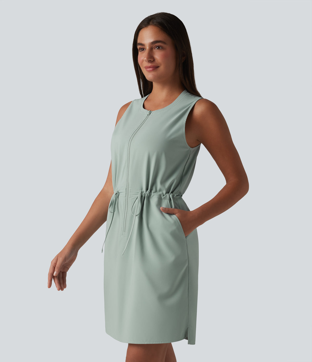 Round Neck Sleeveless Half Zip Drawstring Mini Hiking Active Dress with Pockets — Jadeite — view 3