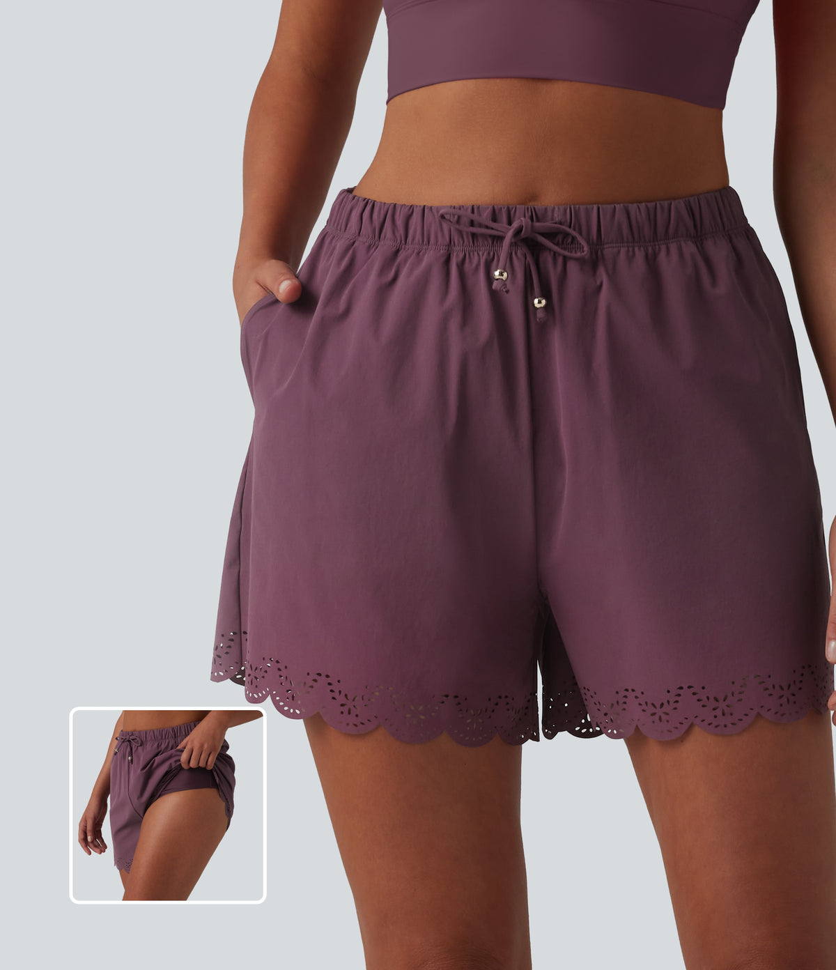 High Waisted Drawstring 2-in-1 Bikini Bottom Swimsuit 3'' with Pockets — Woo Plum Purple — view 1