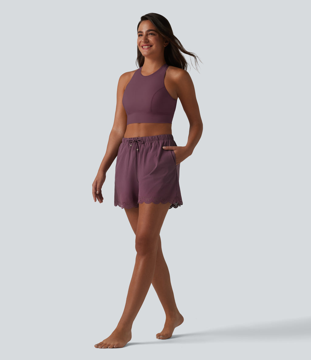 High Waisted Drawstring 2-in-1 Bikini Bottom Swimsuit 3'' with Pockets — Woo Plum Purple — view 7