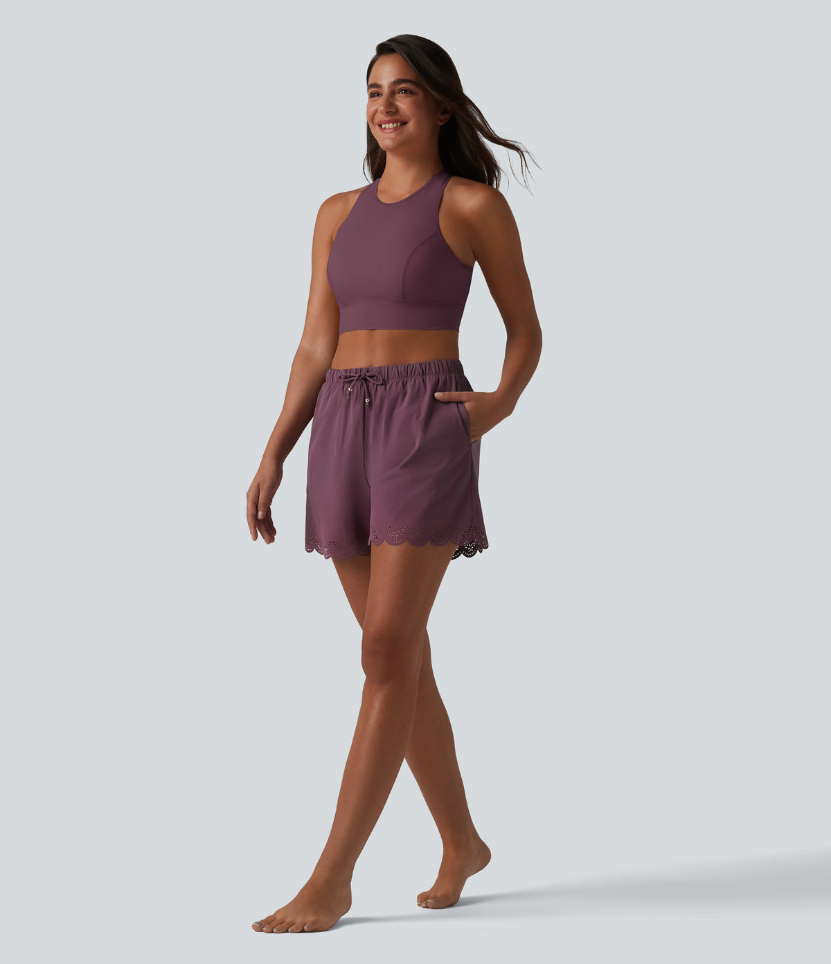 High Waisted Drawstring 2-in-1 Bikini Bottom Swimsuit 3'' with Pockets — Woo Plum Purple — view 7