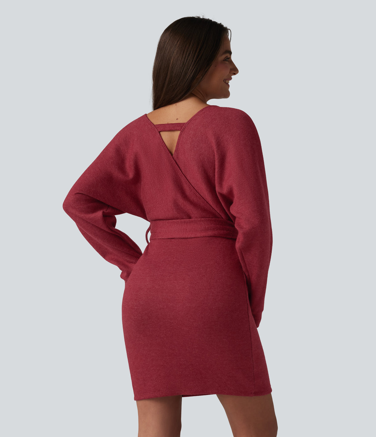 Crossover V Neck Batwing Long Sleeve Belted Mini Casual Dress — Karanda Red — view 2