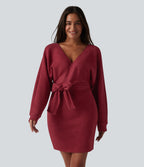 Crossover V Neck Batwing Long Sleeve Belted Mini Casual Dress — Karanda Red — view 4