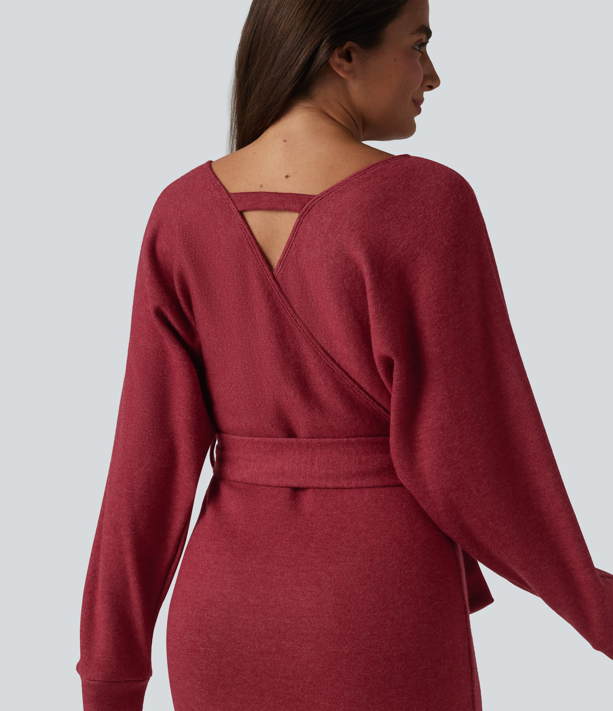 Crossover V Neck Batwing Long Sleeve Belted Mini Casual Dress — Karanda Red — view 6