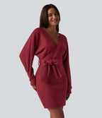 Crossover V Neck Batwing Long Sleeve Belted Mini Casual Dress — Karanda Red — view 3