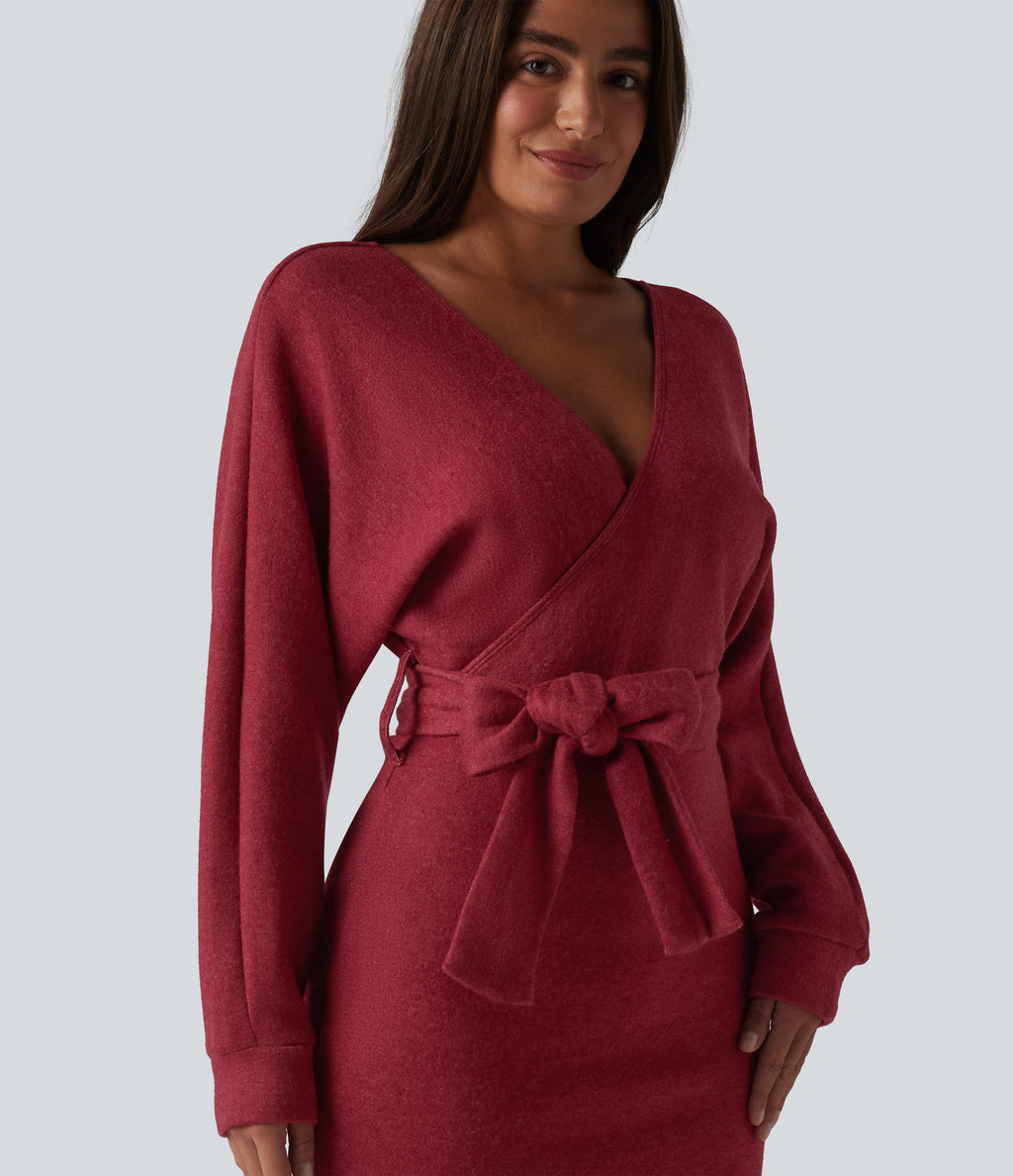 Crossover V Neck Batwing Long Sleeve Belted Mini Casual Dress — Karanda Red — view 5