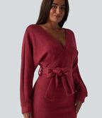 Crossover V Neck Batwing Long Sleeve Belted Mini Casual Dress — Karanda Red — view 5