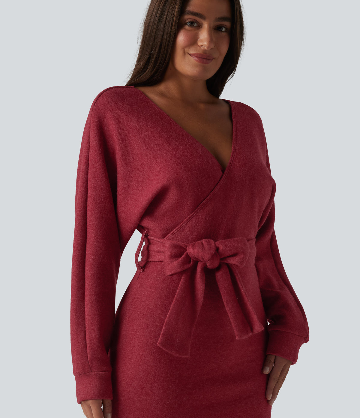 Crossover V Neck Batwing Long Sleeve Belted Mini Casual Dress — Karanda Red — view 5