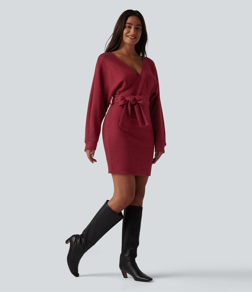 Crossover V Neck Batwing Long Sleeve Belted Mini Casual Dress — Karanda Red — view 7